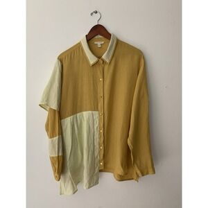 Eileen Fisher Buttondown Sz L Two Tone Yellow Lagenlook Art To Wear Scandi Linen